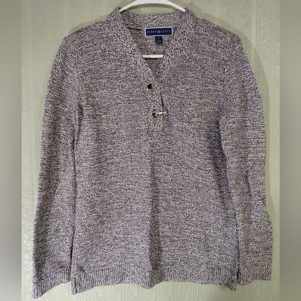 KAREN SCOTT Gray womens Sweater Silver Front Closure Hook Detail Fall Winter